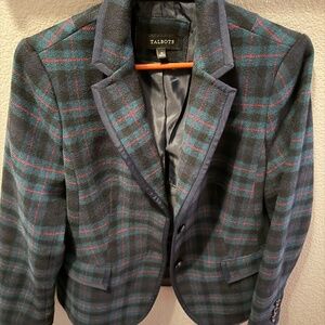 Talbots Wool-Blend Plaid Blazer Jacket Green Navy Red Tartan Size 10 Holiday